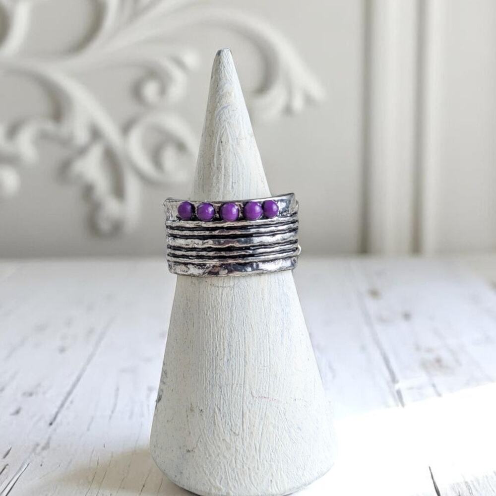 Stretchy Band Silver Tone Purple Beads Adjustable Fashion Ring